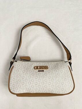 GUESS Cream and Tan Monogram Shoulder Bag